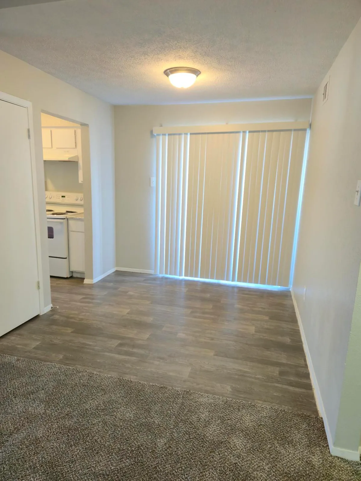 Dining area with wood-style plank flooring and a sliding glass patio door with vertical blinds, open to the kitchen