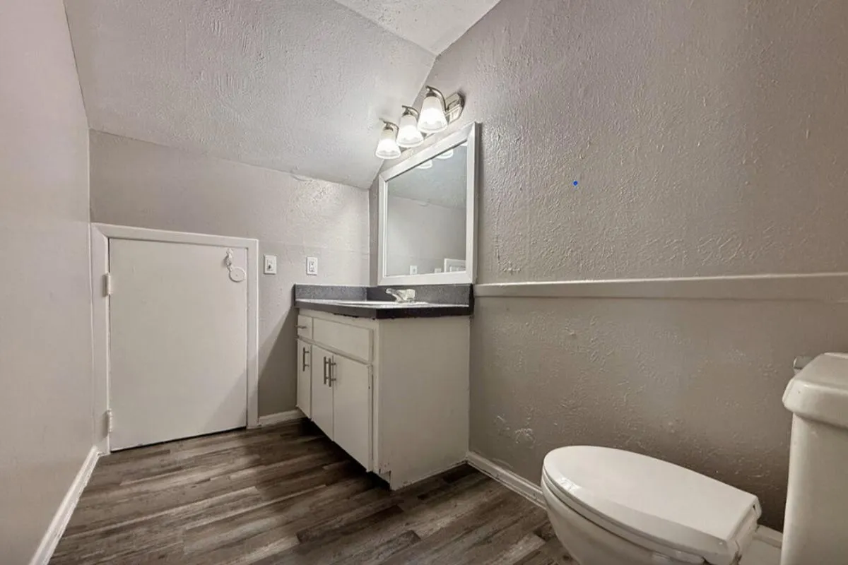Bathroom with vanity, mirror with sconce lighting, toilet, and wood-style flooring at La Madera in Dallas