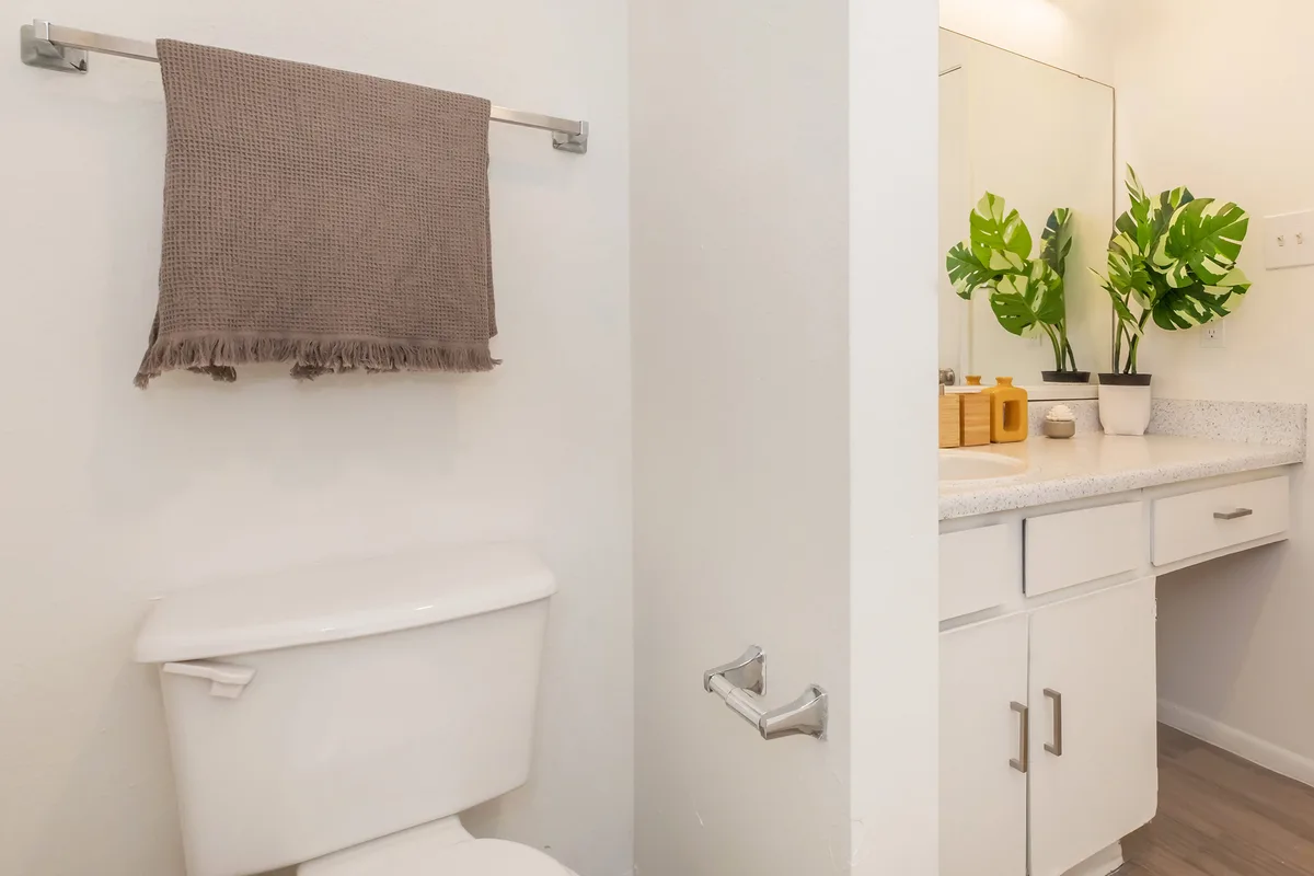 Bathroom with white vanity, wide mirror, and a separate toilet alcove
