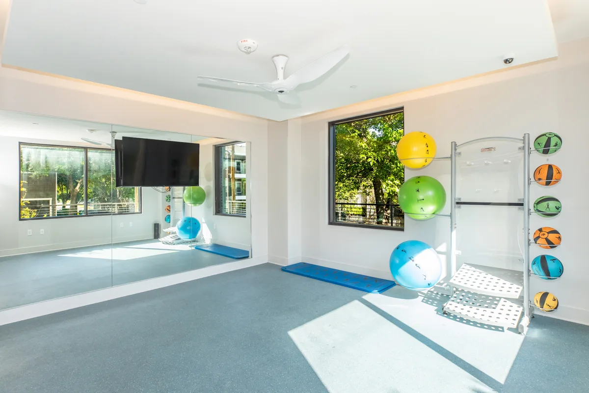 Yoga and stretching studio with mirrored wall, stability balls and mounted television