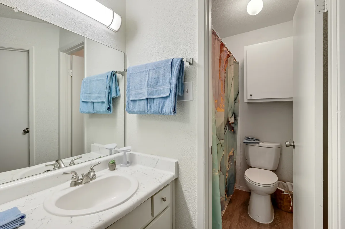 Bathroom vanity with faux-marble counter beside a private water closet
