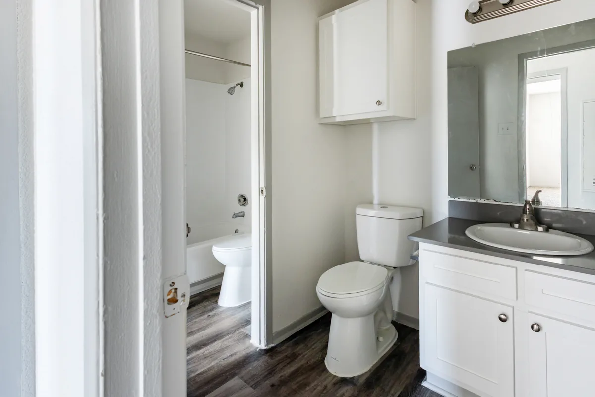 Bathroom with a white vanity, tub-shower, and over-toilet storage cabinet