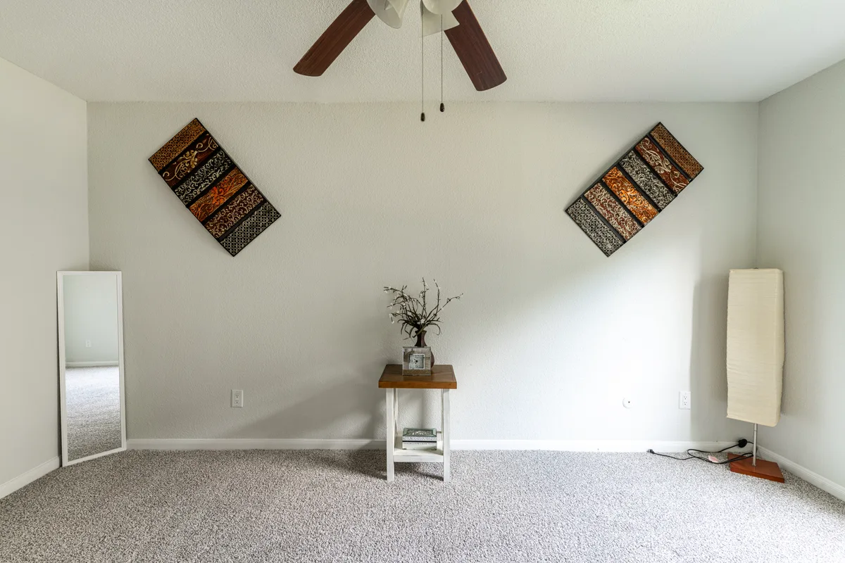 Bright carpeted bedroom with a ceiling fan and full-length mirror