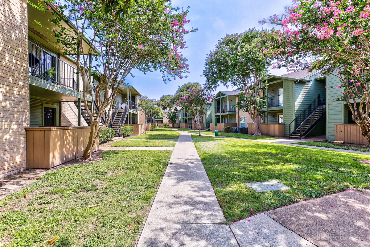 Landscaped interior courtyard with crape myrtles in bloom and a central walkway