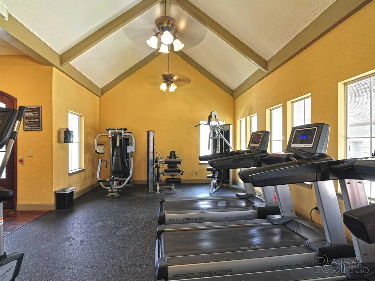 Sunlit fitness room with treadmills and strength equipment under a vaulted ceiling