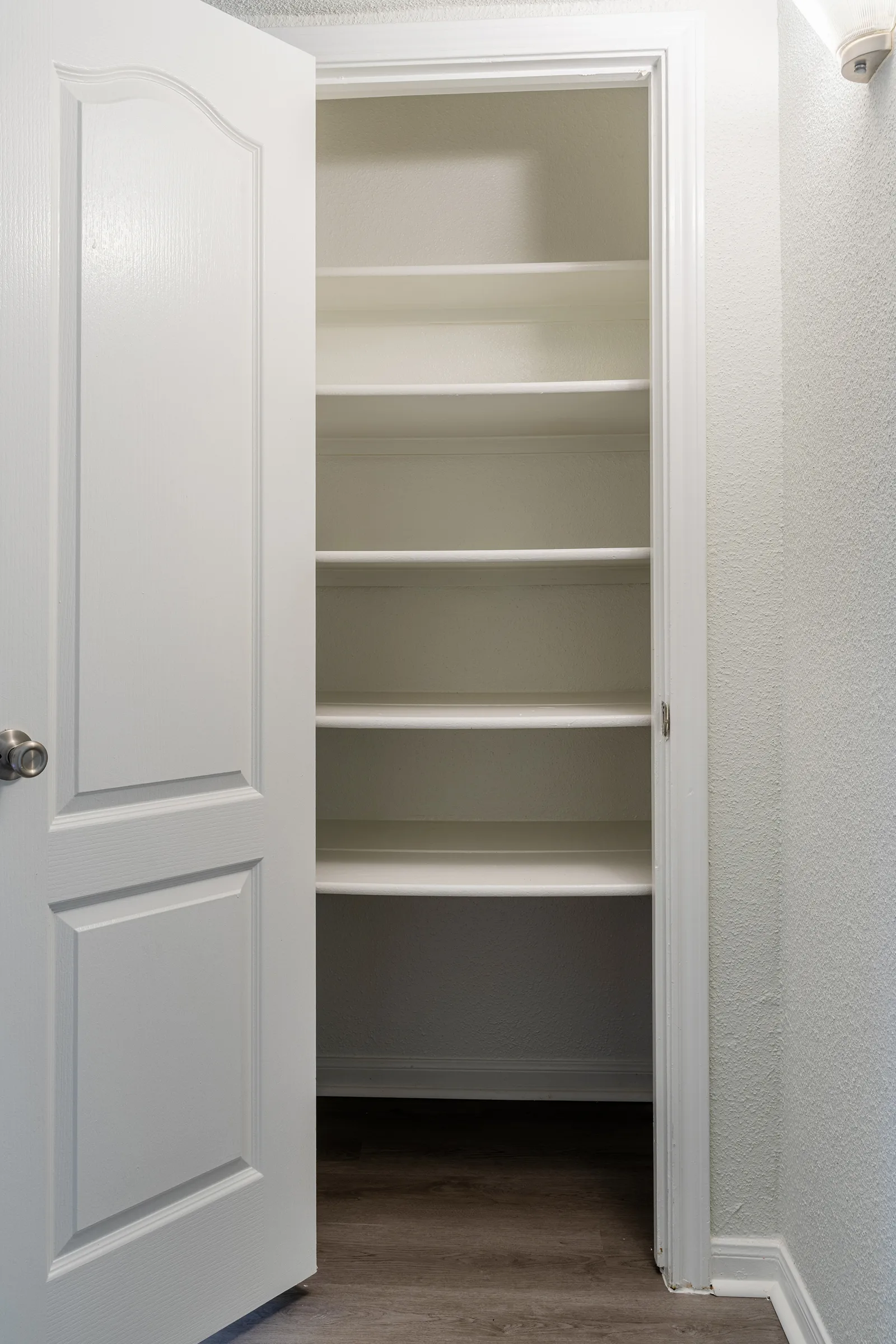 Pantry closet with white shelving behind a paneled door