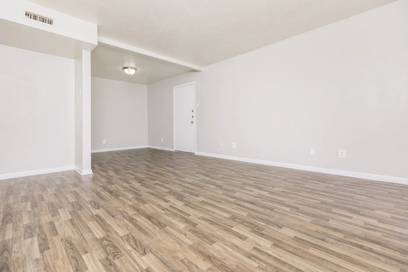 Living area with wood-look flooring and the entry door