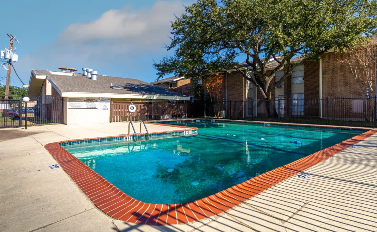 Sparkling swimming pool bordered by brick coping and a mature shade tree