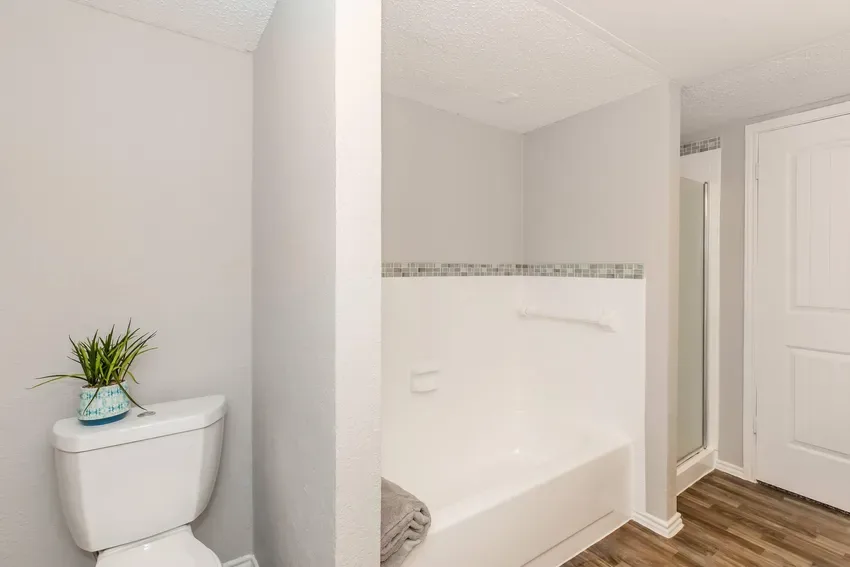 Bathroom with a garden soaking tub, glass-door shower, and mosaic tile band
